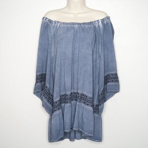 Spense Womens Off Shoulder Top Size XL Blue Chambray Boho Western Cowgirl Hippie
